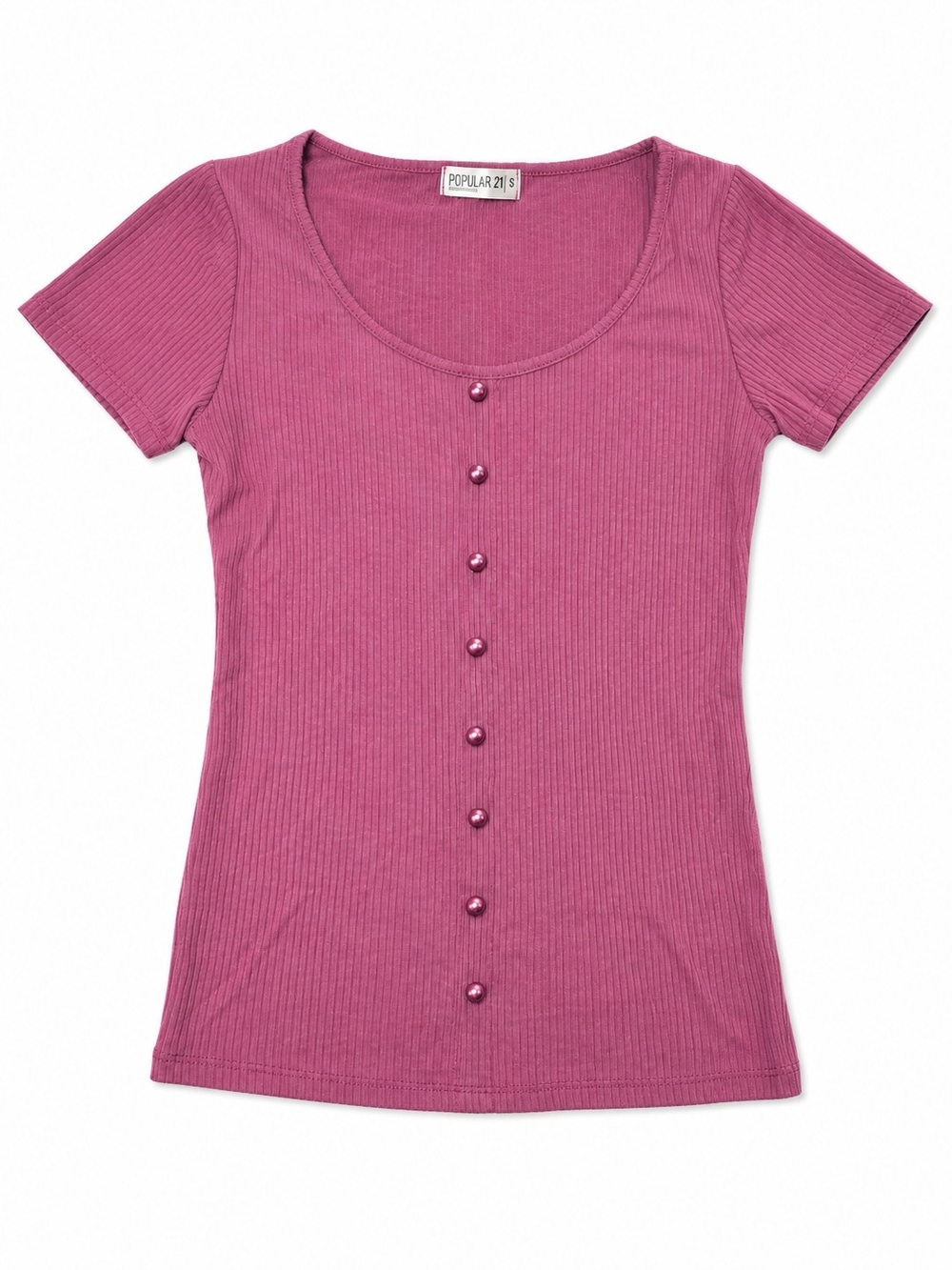 Women's Short Sleeve Ribbed Scoop Neck Top in Mauve, Size Small